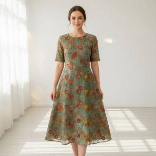 Cotton fabric TIE DYE EMBROIDERY Poppy design O