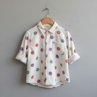 Cotton fabric FLANNEL Happy faces off white lilac