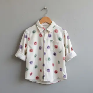 Cotton fabric FLANNEL Happy faces off white lilac