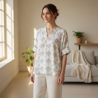 Cotton fabric Flowers Tara off white design A digital print