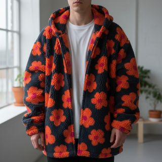 Coat fabric TEDDY JACQUARD Flowers navy