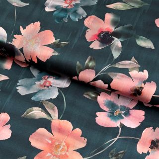 Cotton fabric SATIN Penny flower petrol digital print