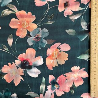 Cotton fabric SATIN Penny flower petrol digital print