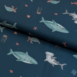 Cotton fabric Sea life petrol digital print