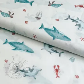 Cotton fabric Sea life offwhite digital print