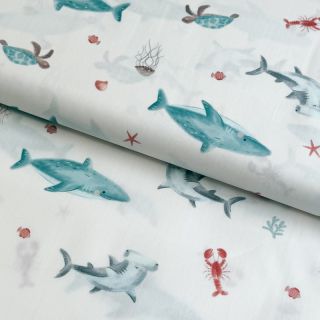 Cotton fabric Sea life offwhite digital print