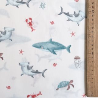 Cotton fabric Sea life offwhite digital print