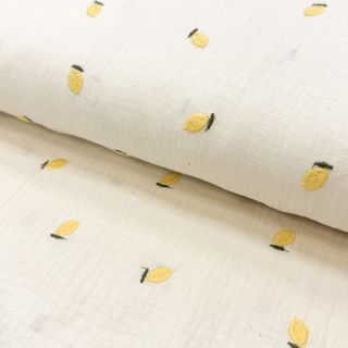 Double gauze/muslin EMBROIDERY Fruit natural yellow