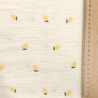 Double gauze/muslin EMBROIDERY Fruit natural yellow