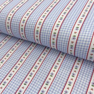 Double gauze/muslin Flowers check blue digital print