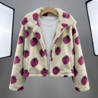 Coat fabric TEDDY JACQUARD Strawberries