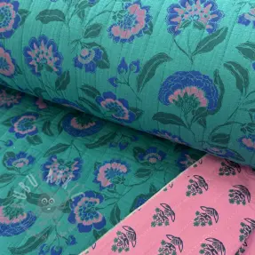 Double gauze/muslin STEPPED Flowers petrol