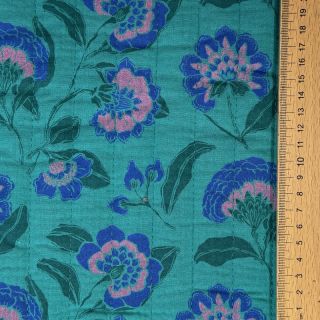 Double gauze/muslin STEPPED Flowers petrol