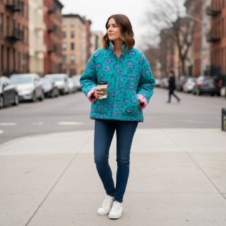 Double gauze/muslin STEPPED Flowers petrol