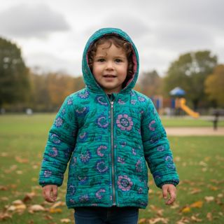 Double gauze/muslin STEPPED Flowers petrol