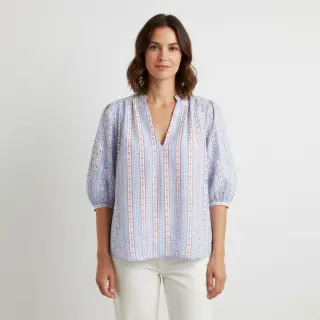 Double gauze/muslin Flowers check blue digital print