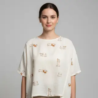 Double gauze/muslin EMBROIDERY Dogs ecru