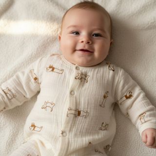 Double gauze/muslin EMBROIDERY Dogs ecru