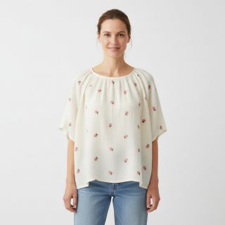 Double gauze/muslin EMBROIDERY Fruit natural peach