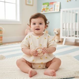 Double gauze/muslin EMBROIDERY Fruit natural yellow