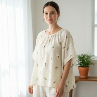 Double gauze/muslin EMBROIDERY Fruit green SIMPLY NATURAL
