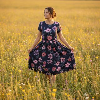 Cotton fabric VISCOSE Flowers navy digital print