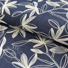 Cotton fabric JEANS Embroidery Flowers white