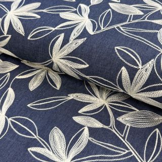 Cotton fabric JEANS Embroidery Flowers white
