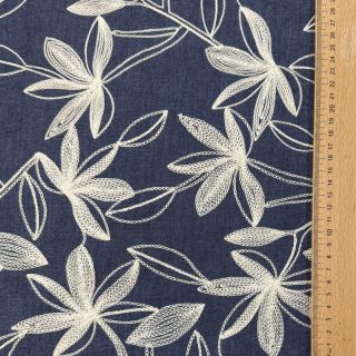 Cotton fabric JEANS Embroidery Flowers white