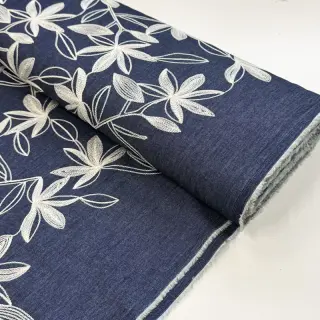 Cotton fabric JEANS Embroidery Flowers white
