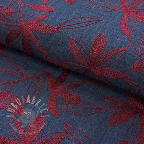 Cotton fabric JEANS Embroidery Flowers burgundy