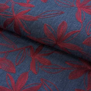 Cotton fabric JEANS Embroidery Flowers burgundy
