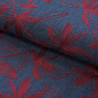 Cotton fabric JEANS Embroidery Flowers burgundy