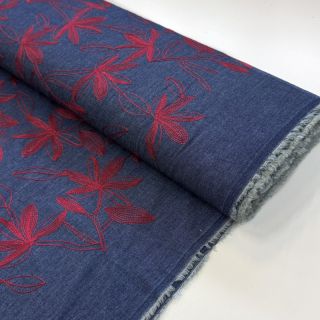 Cotton fabric JEANS Embroidery Flowers burgundy