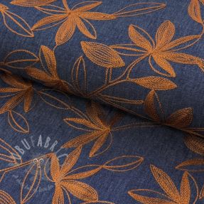 Cotton fabric JEANS Embroidery Flowers camel