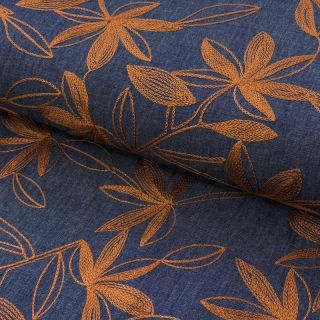 Cotton fabric JEANS Embroidery Flowers camel