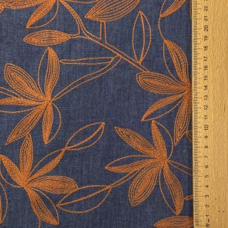 Cotton fabric JEANS Embroidery Flowers camel
