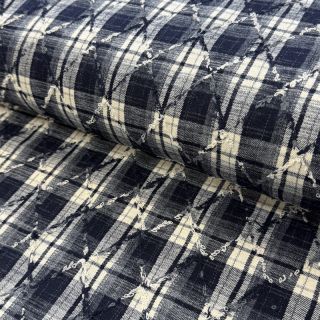 Cotton fabric YARN DYED BRUSHED Check EMBROIDERY navy