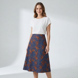 Cotton fabric JEANS Embroidery Flowers camel