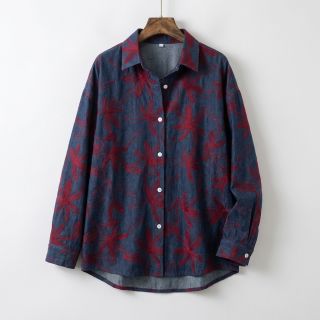 Cotton fabric JEANS Embroidery Flowers burgundy