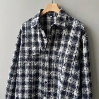 Cotton fabric YARN DYED BRUSHED Check EMBROIDERY navy