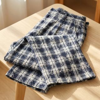 Cotton fabric YARN DYED BRUSHED Check EMBROIDERY navy
