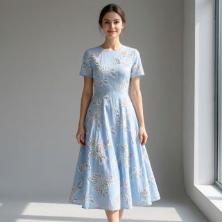 Cotton fabric EMBROIDERY Loom En Light baby blue