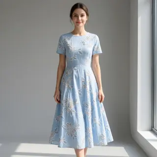 Cotton fabric EMBROIDERY Loom En Light baby blue