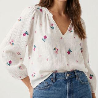 Double gauze/muslin EMBROIDERY Flowers MIA camel