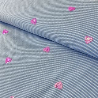 Cotton fabric Stripes Sequins Hearts blue