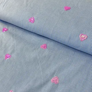 Cotton fabric Stripes Sequins Hearts blue