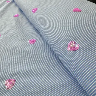 Cotton fabric Stripes Sequins Hearts blue