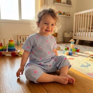 Cotton fabric Stripes Sequins Hearts blue