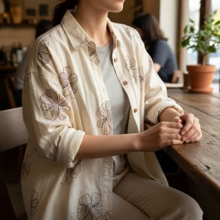 Linen viscose EMBROIDERY Flower Maya natural